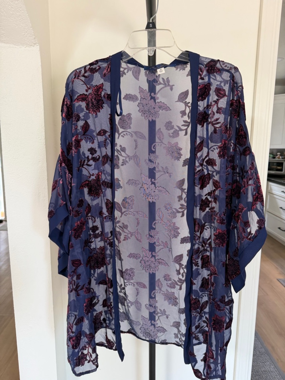 Blue Kar Sheer Floral Velvet Burnout Kimono Cardigan Boho Cover Up Size M